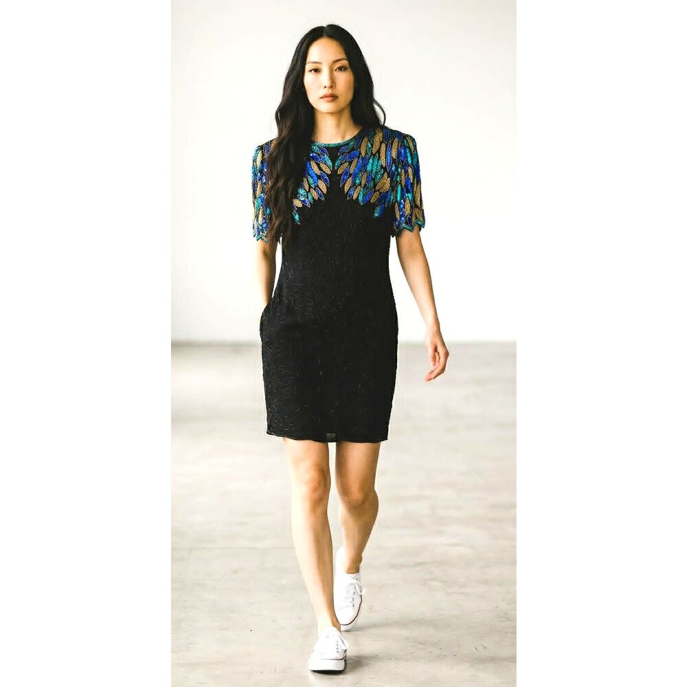 Vintage Laurence Kazar Silk Beaded Dress Black Blue Gold Sequin Size M